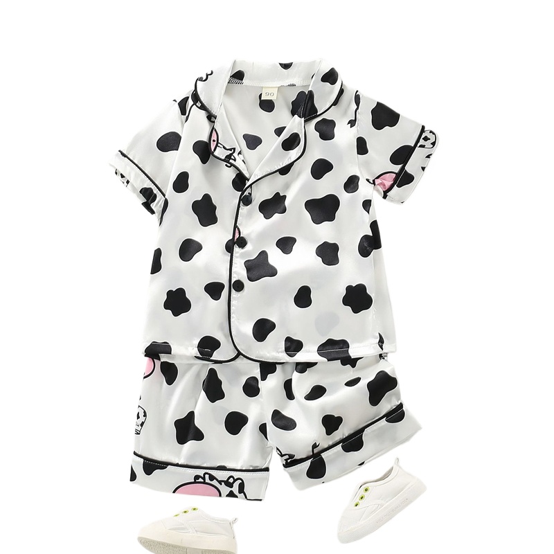Summer Clothing Baby Girl - ชุดนอนเด็กชายหญิงฤดูร้อน เสื้อยืดแขนสั้นผ้าซาตินลายหมี + กางเกง ชุดนอน 2