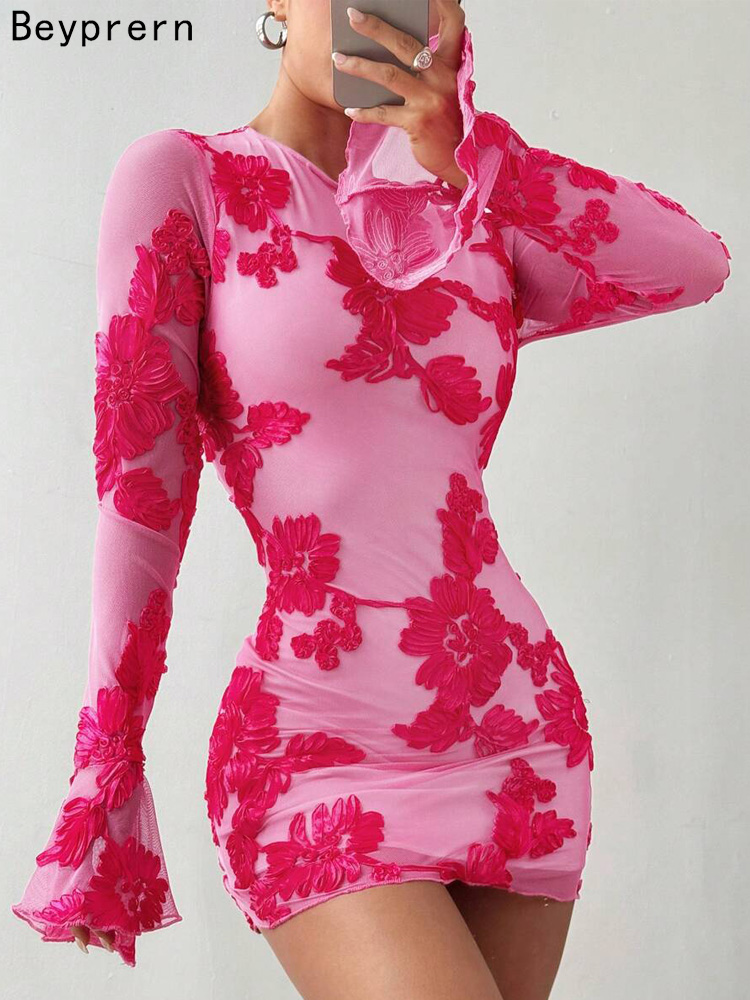 Summer Zara - Beyprern Glam Backless Rose ดอกไม้สีชมพูตาข่ายสั้นชุดเดรสปาร์ตี้หรูหราสําหรับผู้หญิงแขนยาวปักชุดวันเกิด