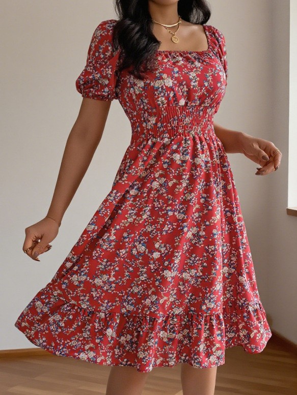 Summer Clothing Pakistan - ชุดเดรสผู้หญิงทรงเอ สไตล์ฤดูร้อน/ฤดูใบไม้ผลิ คอเหลี่ยม แขนสั้น ลายดอกไม้ พิมพ์ลาย