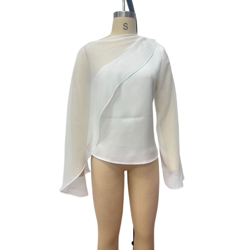 Summer Clothing Wholesale - เสื้อผ้าผู้หญิงสไตล์ยุโรปอเมริกัน เสื้อชีฟองใหม่ ผ้าคลุมไหล่แบบไม่สมมาตร เสื้อแขนยาวทรงเข้ารูป เสื้อเซ็กซี่ ขายส่งสำหรับผู้หญิง