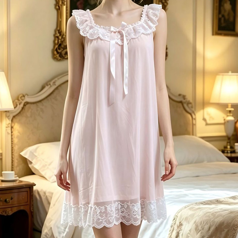 Summer Clothing Stores - ชุดนอนผู้หญิงแขนกุด แต่งระบาย ผ้าตาข่าย โมดอล คอวี ชุดเดรสฤดูร้อน