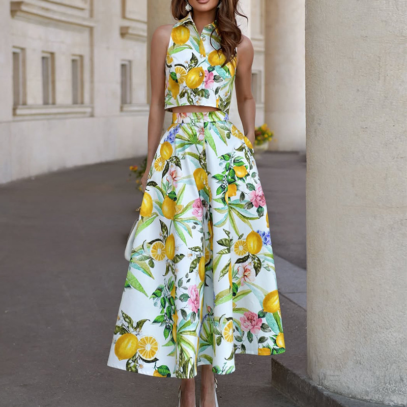 Summer Zara - ชุดเซ็ตกระโปรงลายเลมอนแขนกุดสำหรับผู้หญิง + กระโปรงมีกระเป๋า 2 ชิ้น แฟชั่นฤดูร้อนใหม่